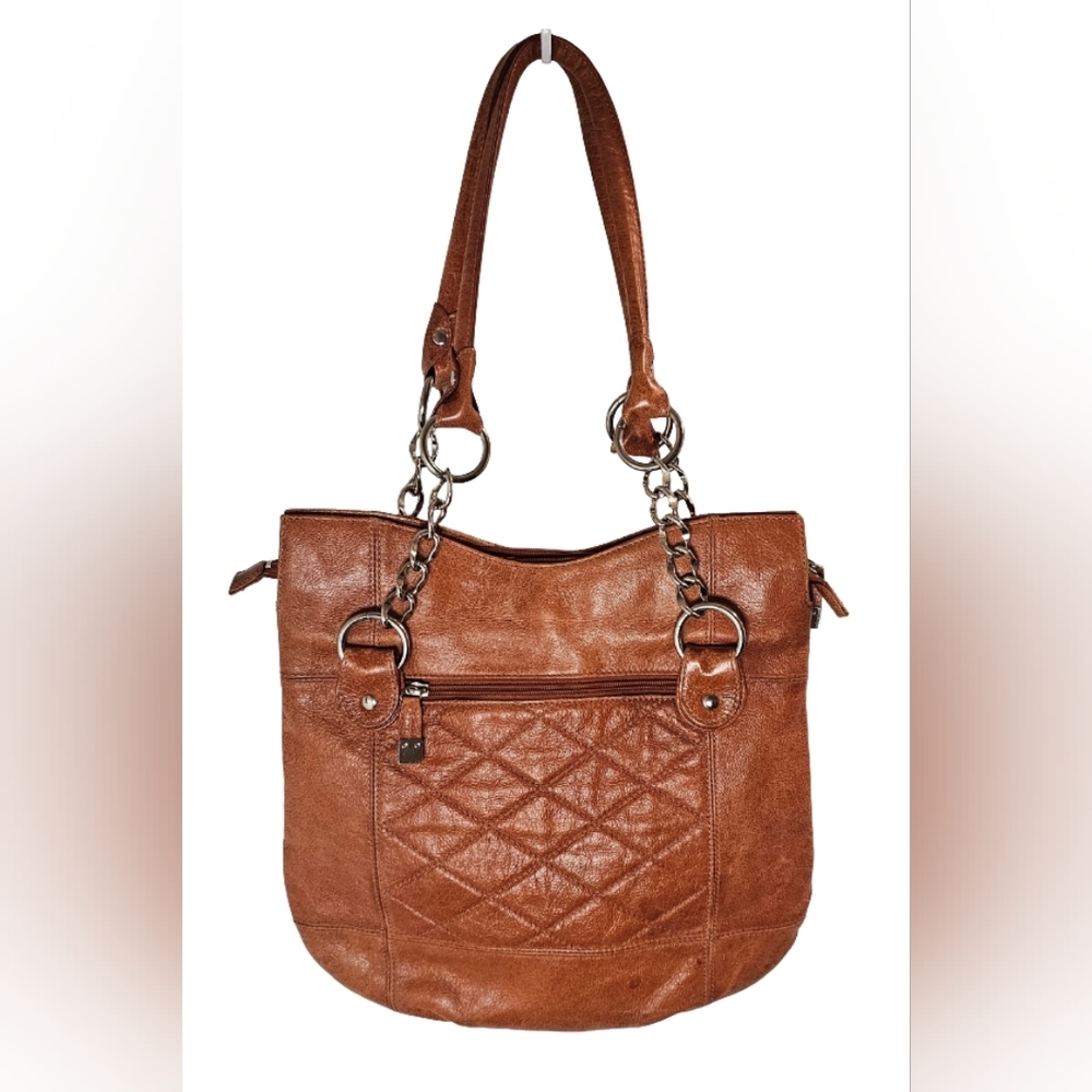 [SOPRANO] Genuine Leather Cognac Diamond Chain Straps Hobo Crossbody Handbag
